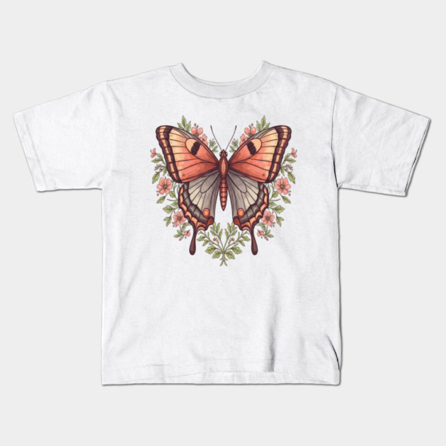Vintage Butterfly Floral Heart Shaped Art Kids T-Shirt by BirdsnStuff