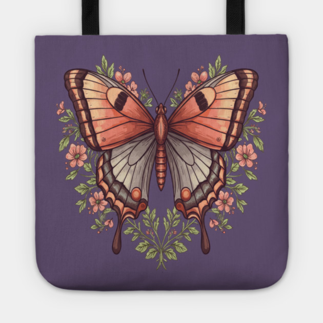Vintage Butterfly Floral Heart Shaped Art Tote by BirdsnStuff