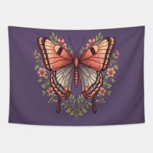 Vintage Butterfly Floral Heart Shaped Art Tapestry