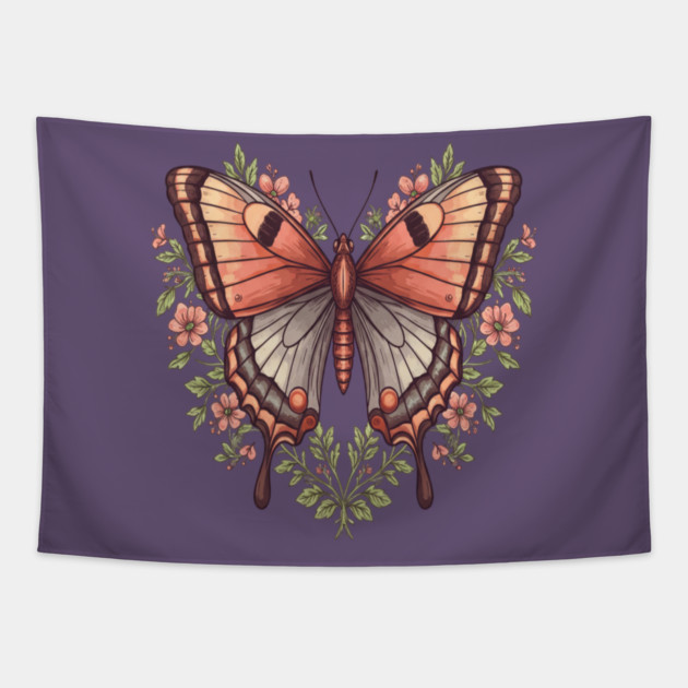 Vintage Butterfly Floral Heart Shaped Art Tapestry by BirdsnStuff