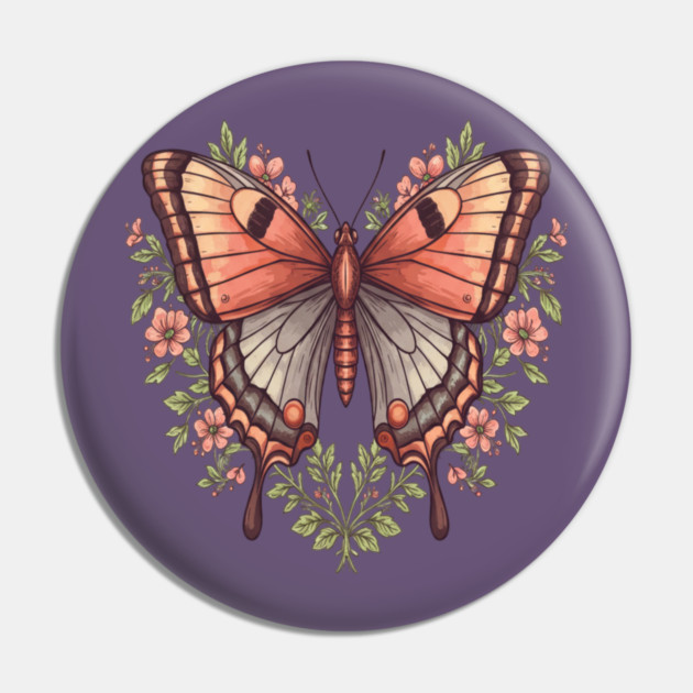 Vintage Butterfly Floral Heart Shaped Art Pin by BirdsnStuff
