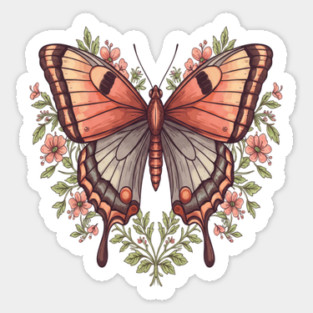 Vintage Butterfly Floral Heart Shaped Art Sticker
