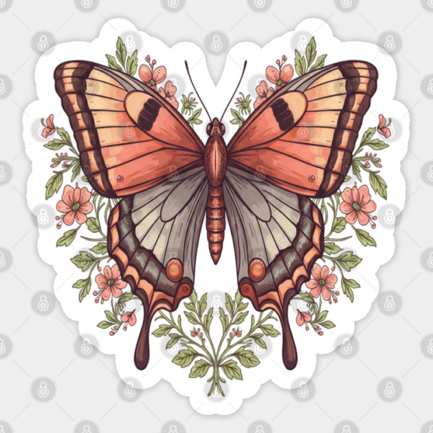 Vintage Butterfly Floral Heart Shaped Art Sticker by BirdsnStuff