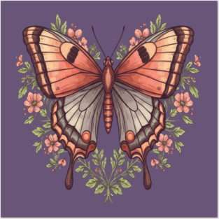 Vintage Butterfly Floral Heart Shaped Art Posters and Art