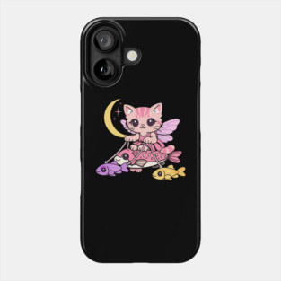 Cute Fairy Cat Illustration – Magical Kitty Riding Fish Under Crescent Moon Phone Case