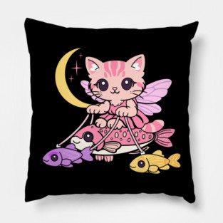 Cute Fairy Cat Illustration – Magical Kitty Riding Fish Under Crescent Moon Pillow