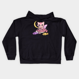Cute Fairy Cat Illustration – Magical Kitty Riding Fish Under Crescent Moon Kids Hoodie