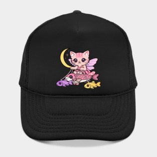 Cute Fairy Cat Illustration – Magical Kitty Riding Fish Under Crescent Moon Hat