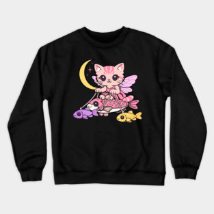 Cute Fairy Cat Illustration – Magical Kitty Riding Fish Under Crescent Moon Crewneck Sweatshirt