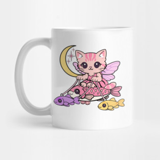 Cute Fairy Cat Illustration – Magical Kitty Riding Fish Under Crescent Moon Mug