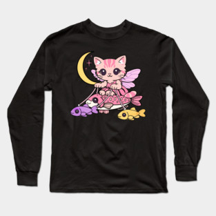 Cute Fairy Cat Illustration – Magical Kitty Riding Fish Under Crescent Moon Long Sleeve T-Shirt