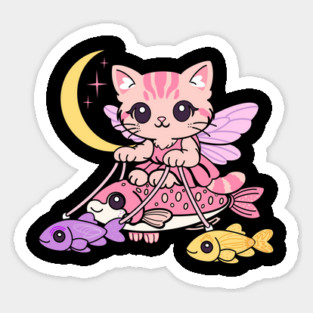 Cute Fairy Cat Illustration – Magical Kitty Riding Fish Under Crescent Moon Sticker