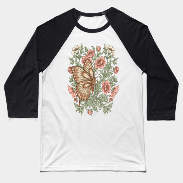 Butterfly with Pink and White Roses Insect Garden Baseball T-Shirt by BirdsnStuff