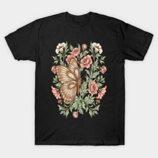 Butterfly with Pink and White Roses Insect Garden T-Shirt