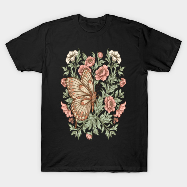 Butterfly with Pink and White Roses Insect Garden T-Shirt by BirdsnStuff