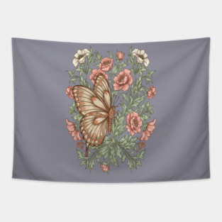 Butterfly with Pink and White Roses Insect Garden Tapestry