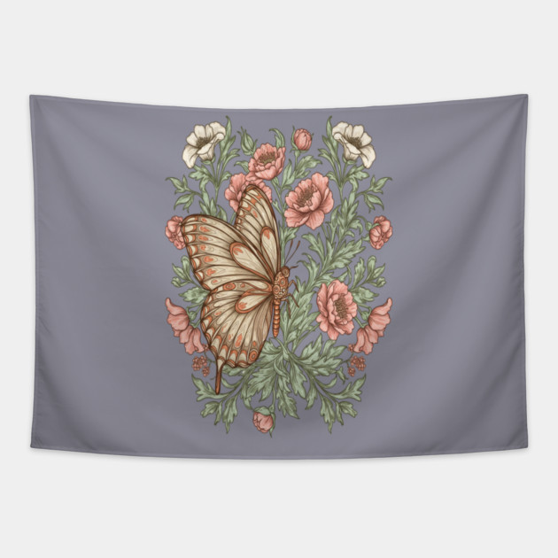 Butterfly with Pink and White Roses Insect Garden Tapestry by BirdsnStuff