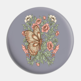 Butterfly with Pink and White Roses Insect Garden Pin