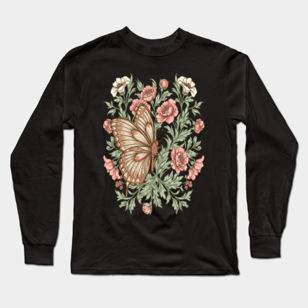 Butterfly with Pink and White Roses Insect Garden Long Sleeve T-Shirt by BirdsnStuff