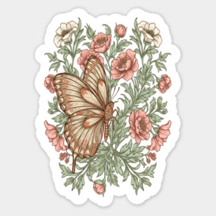 Butterfly with Pink and White Roses Insect Garden Sticker