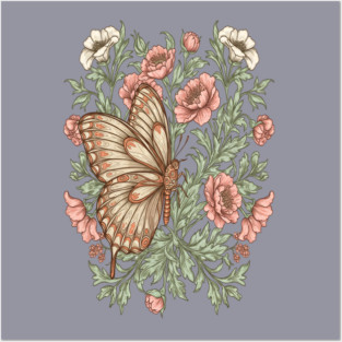 Butterfly with Pink and White Roses Insect Garden Posters and Art