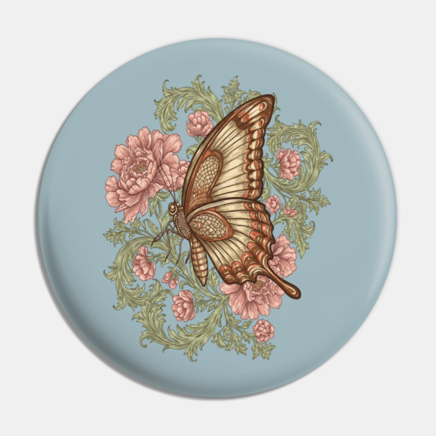 Ornamental Butterfly Botanical Art Pin by BirdsnStuff