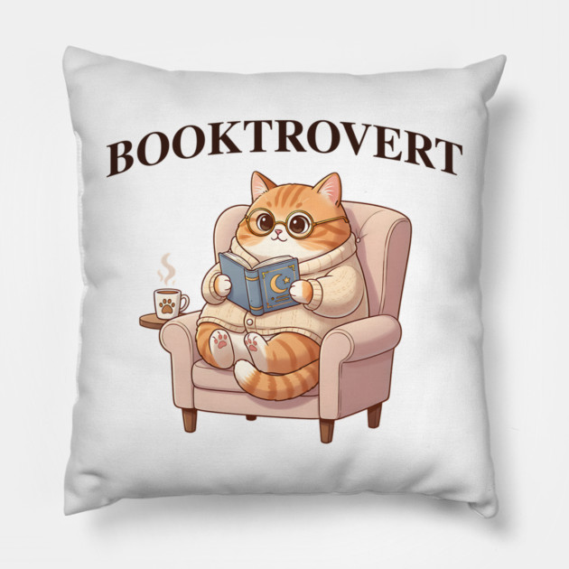 BOOKTROVERT Cute Cat with Tea, Cozy Sweater, and Book Pillow by Luxinda