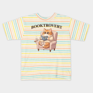 BOOKTROVERT Cute Cat with Tea, Cozy Sweater, and Book Kids T-Shirt