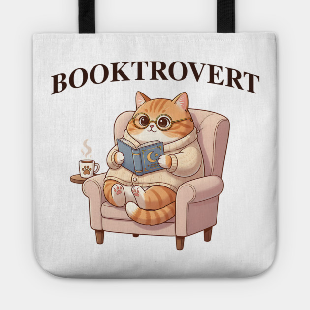 BOOKTROVERT Cute Cat with Tea, Cozy Sweater, and Book Tote by Luxinda