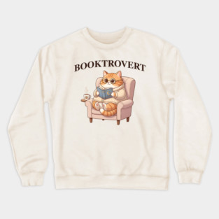 BOOKTROVERT Cute Cat with Tea, Cozy Sweater, and Book Crewneck Sweatshirt