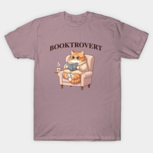 BOOKTROVERT Cute Cat with Tea, Cozy Sweater, and Book T-Shirt