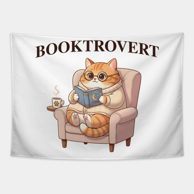 BOOKTROVERT Cute Cat with Tea, Cozy Sweater, and Book Tapestry by Luxinda