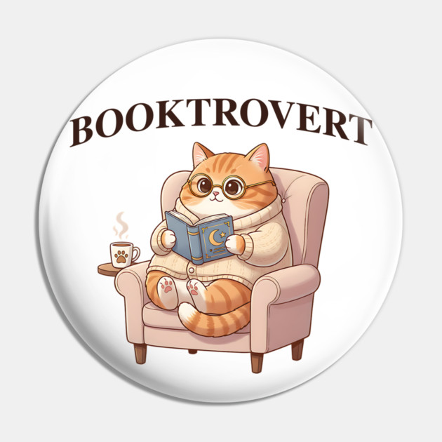 BOOKTROVERT Cute Cat with Tea, Cozy Sweater, and Book Pin by Luxinda