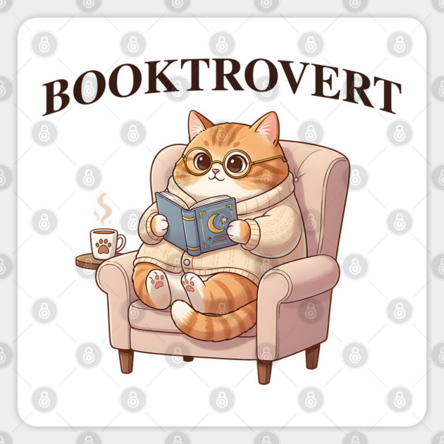 BOOKTROVERT Cute Cat with Tea, Cozy Sweater, and Book Sticker by Luxinda