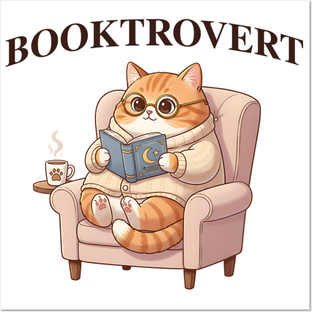BOOKTROVERT Cute Cat with Tea, Cozy Sweater, and Book Wall Art by Luxinda