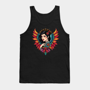 Neo-Traditional Winged Woman Floral Tattoo Tank Top