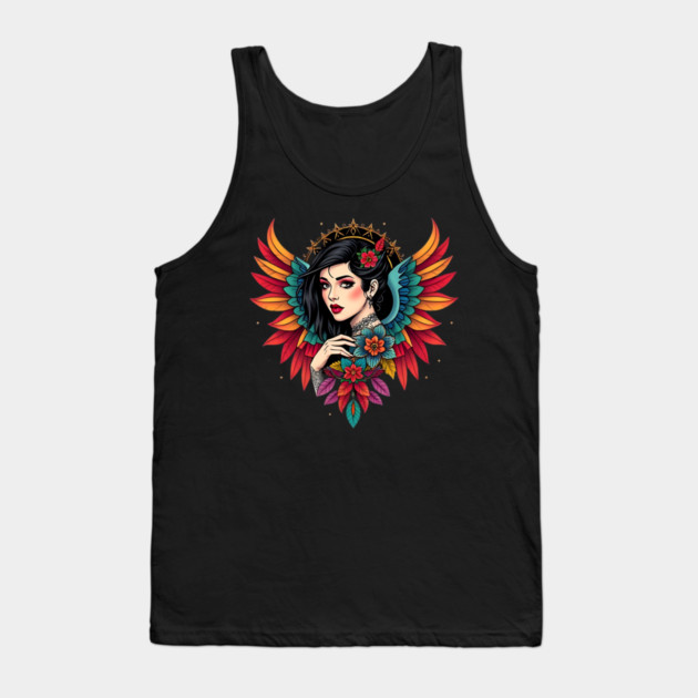 Neo-Traditional Winged Woman Floral Tattoo Tank Top by animegirlnft