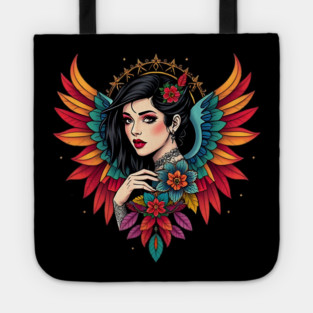 Neo-Traditional Winged Woman Floral Tattoo Tote