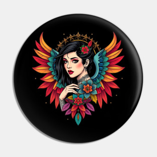 Neo-Traditional Winged Woman Floral Tattoo Pin