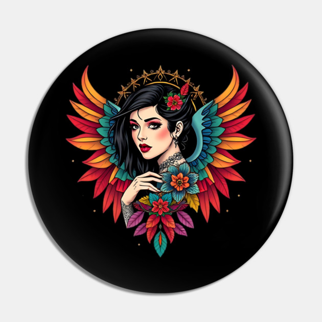 Neo-Traditional Winged Woman Floral Tattoo Pin by animegirlnft