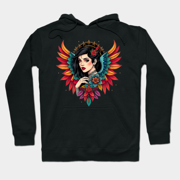Neo-Traditional Winged Woman Floral Tattoo Hoodie by animegirlnft