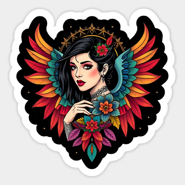 Neo-Traditional Winged Woman Floral Tattoo Sticker by animegirlnft