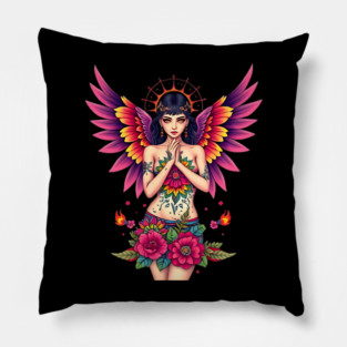 Vibrant Floral Fairy Tattoo Design Pillow