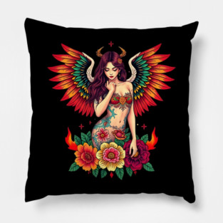 Fallen Angel Girl Tattoo Design Pillow