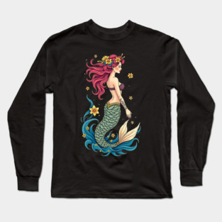 Neo Traditional Mermaid Tattoo Design Long Sleeve T-Shirt