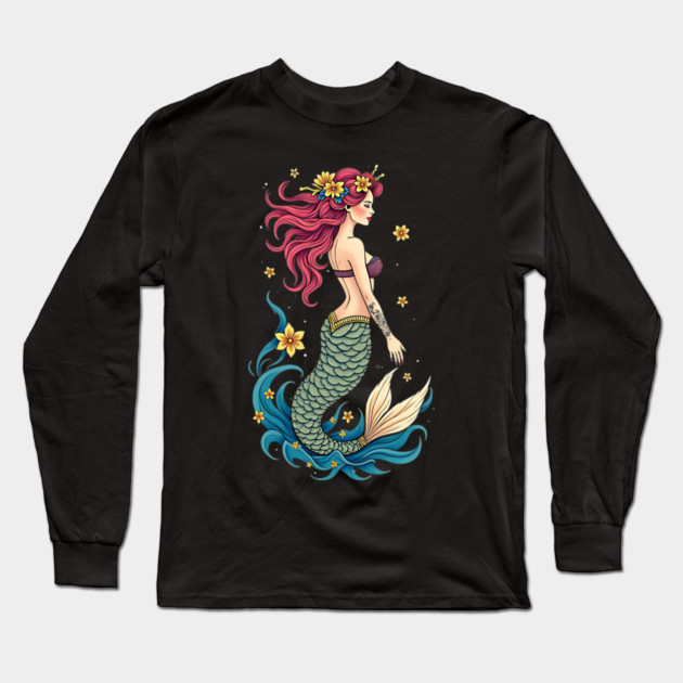 Neo Traditional Mermaid Tattoo Design Long Sleeve T-Shirt by animegirlnft