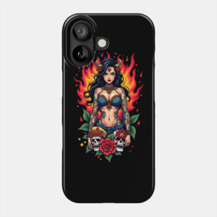 Tattooed Woman with Skulls and Flames Phone Case