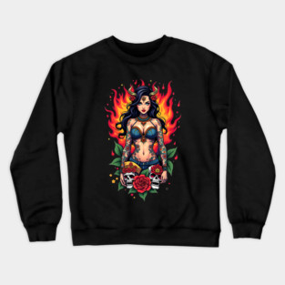 Tattooed Woman with Skulls and Flames Crewneck Sweatshirt