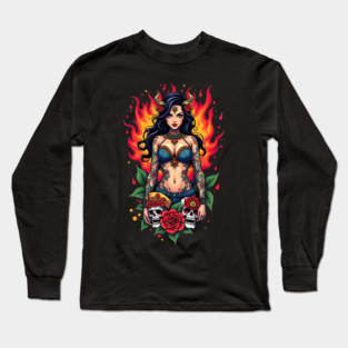Tattooed Woman with Skulls and Flames Long Sleeve T-Shirt