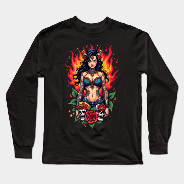 Tattooed Woman with Skulls and Flames Long Sleeve T-Shirt by animegirlnft